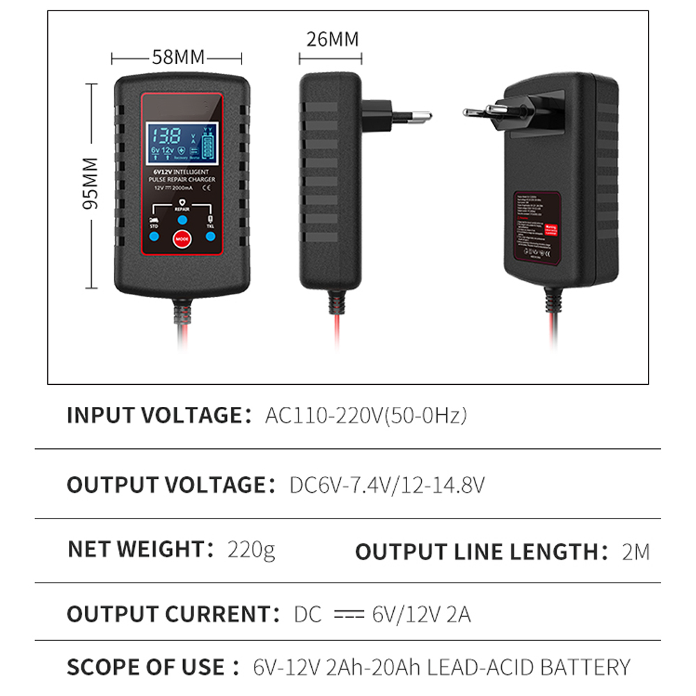 Universal Pulse Repair Battery Charger 6V 12V 2A- Intelligent Automatic for Lead Acid (Motorcycle) with SAE Plug Battery Charger