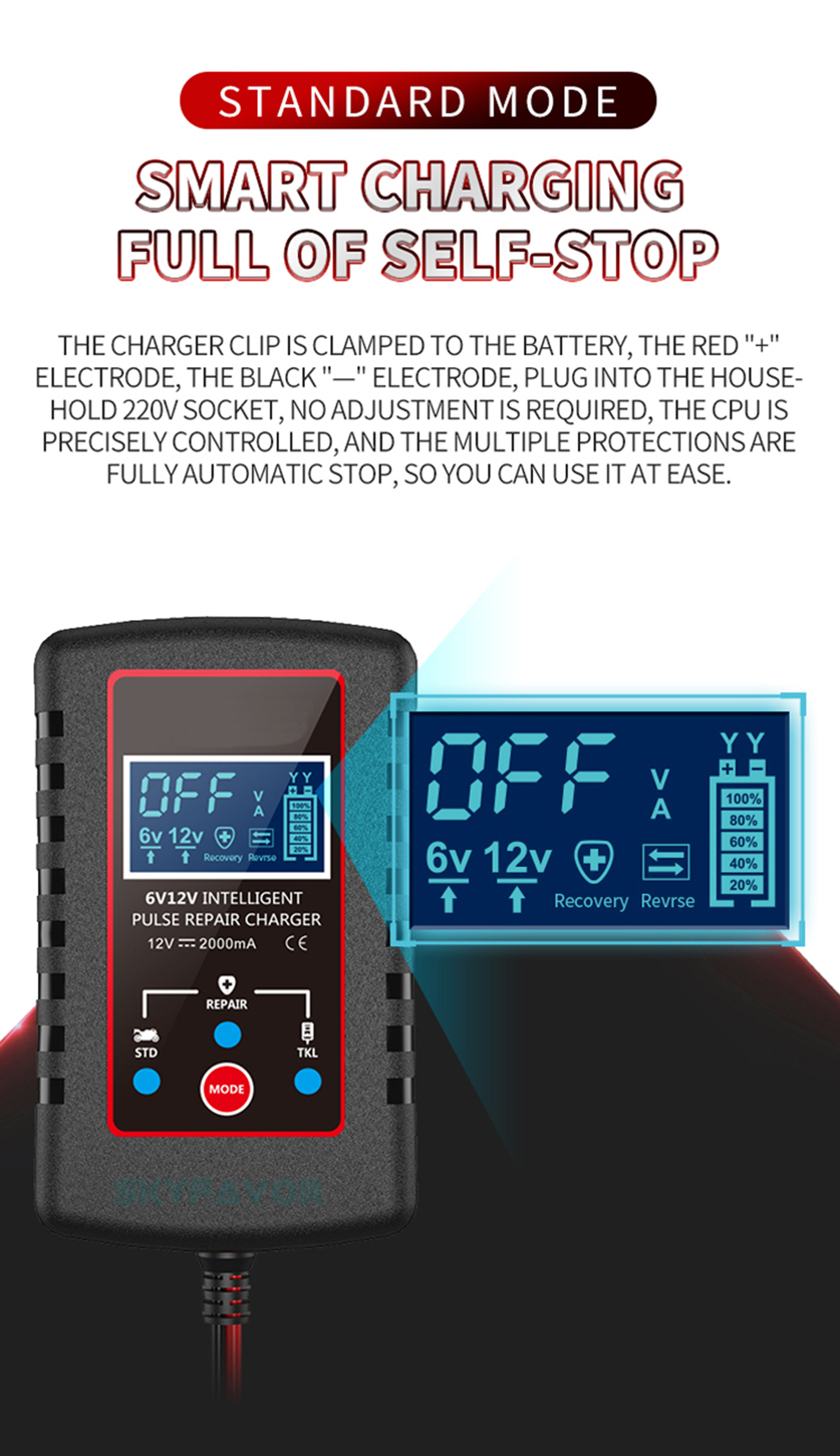 Universal Pulse Repair Battery Charger 6V 12V 2A- Intelligent Automatic for Lead Acid (Motorcycle) with SAE Plug Battery Charger