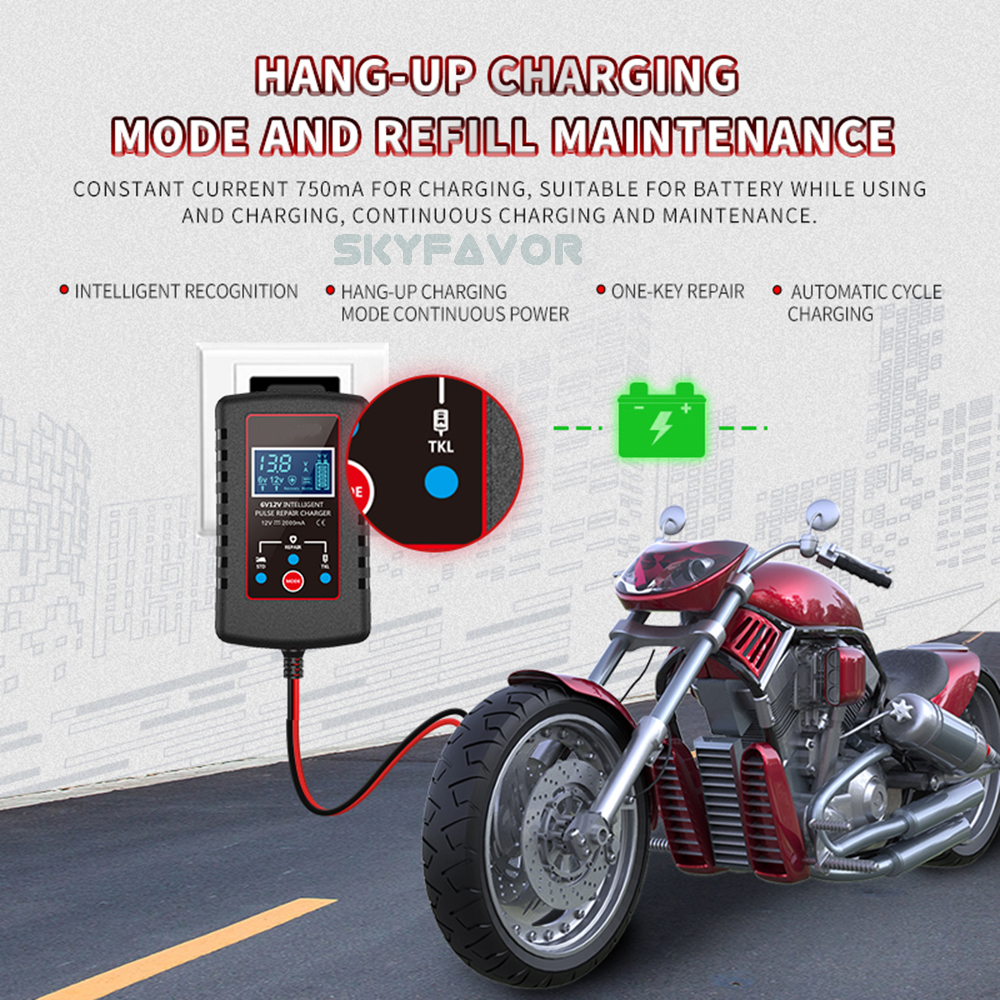 Universal Pulse Repair Battery Charger 6V 12V 2A- Intelligent Automatic for Lead Acid (Motorcycle) with SAE Plug Battery Charger