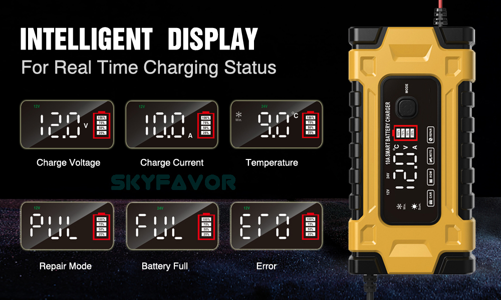 Professional 12V 24V Car Battery Charger 12V 24V 5A-10A Pulse Repair & OTP Protection for Gel/AGM Deep Cycle Car Battery Charger