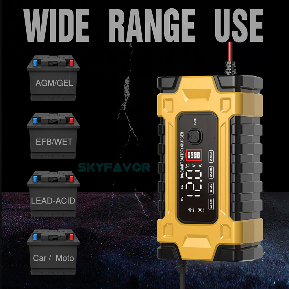 Professional 12V 24V Car Battery Charger 12V 24V 5A-10A Pulse Repair & OTP Protection for Gel/AGM Deep Cycle Car Battery Charger