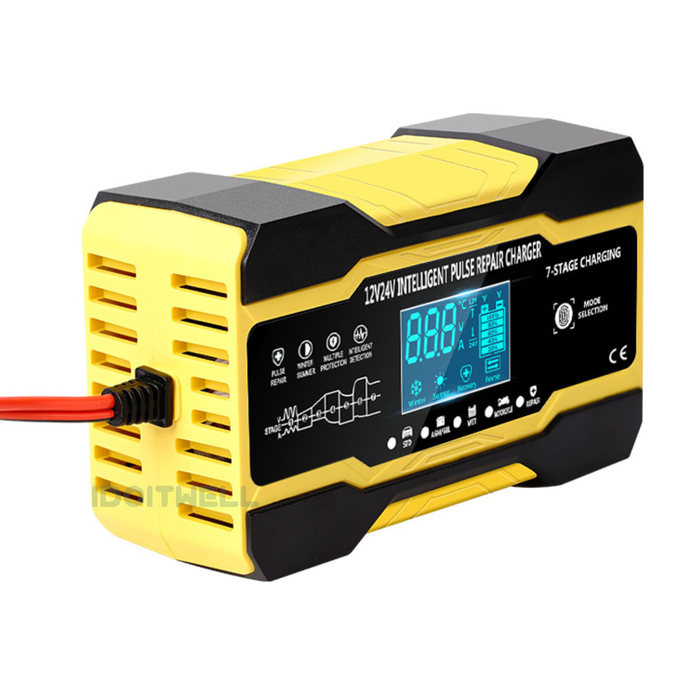 12V 24V Touch Screen Car Battery Charger - Intelligent Pulse Repair Fast Charging for GEL/WET Lead Acid 12V Car Battery Charger