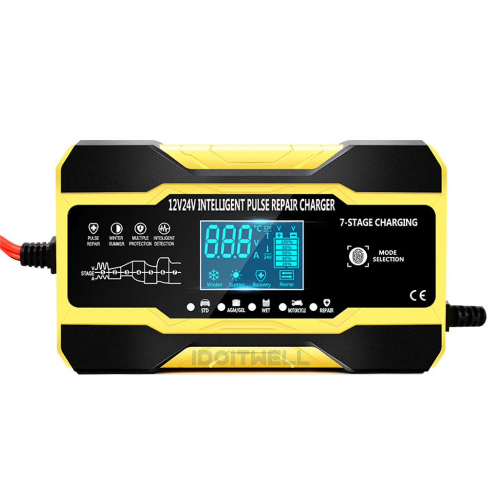 12V 24V Touch Screen Car Battery Charger - Intelligent Pulse Repair Fast Charging for GEL/WET Lead Acid 12V Car Battery Charger