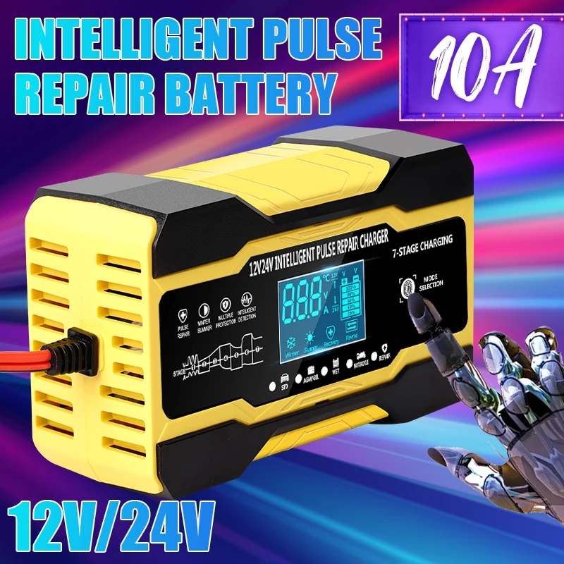 12V 24V Touch Screen Car Battery Charger - Intelligent Pulse Repair Fast Charging for GEL/WET Lead Acid 12V Car Battery Charger