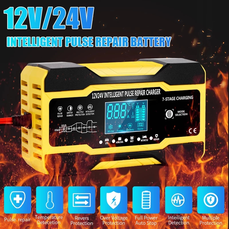 12V 24V Touch Screen Car Battery Charger - Intelligent Pulse Repair Fast Charging for GEL/WET Lead Acid 12V Car Battery Charger