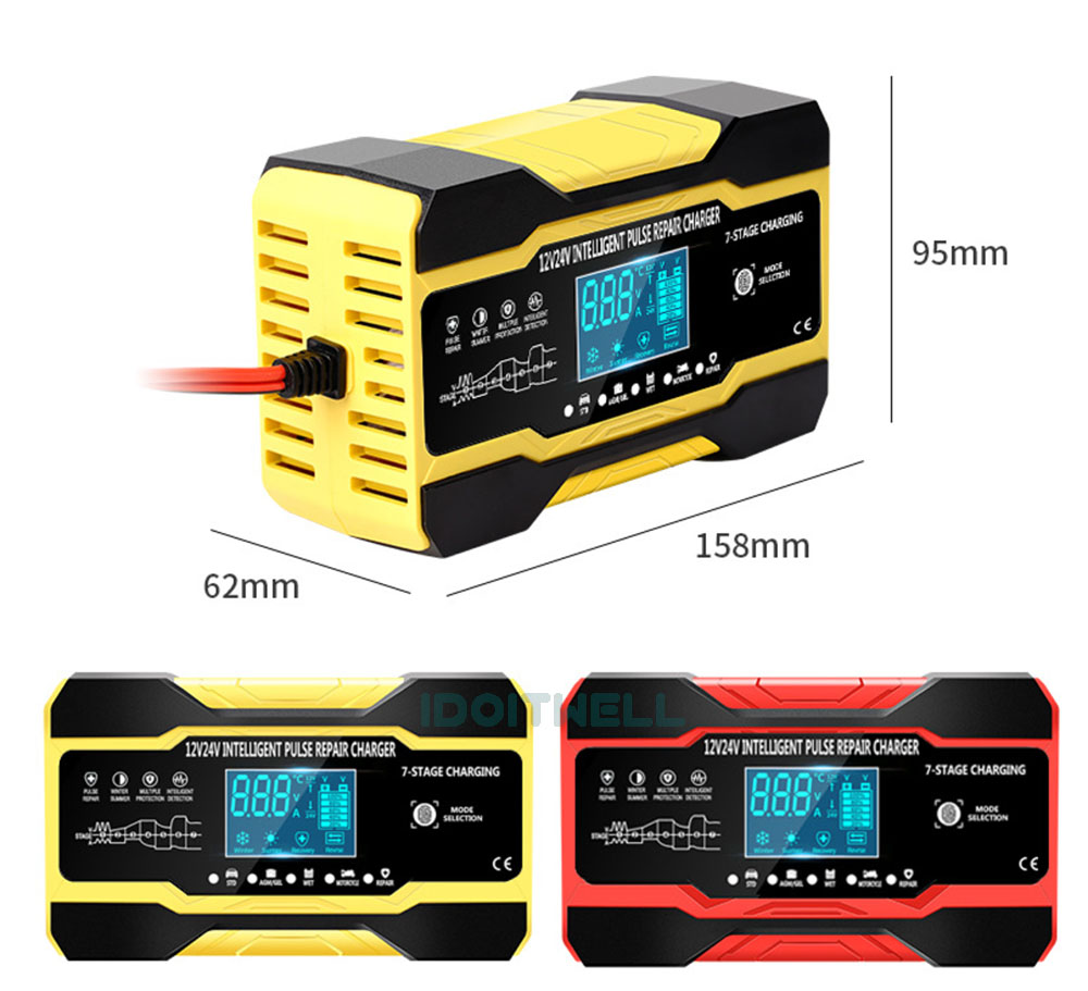 12V 24V Touch Screen Car Battery Charger - Intelligent Pulse Repair Fast Charging for GEL/WET Lead Acid 12V Car Battery Charger