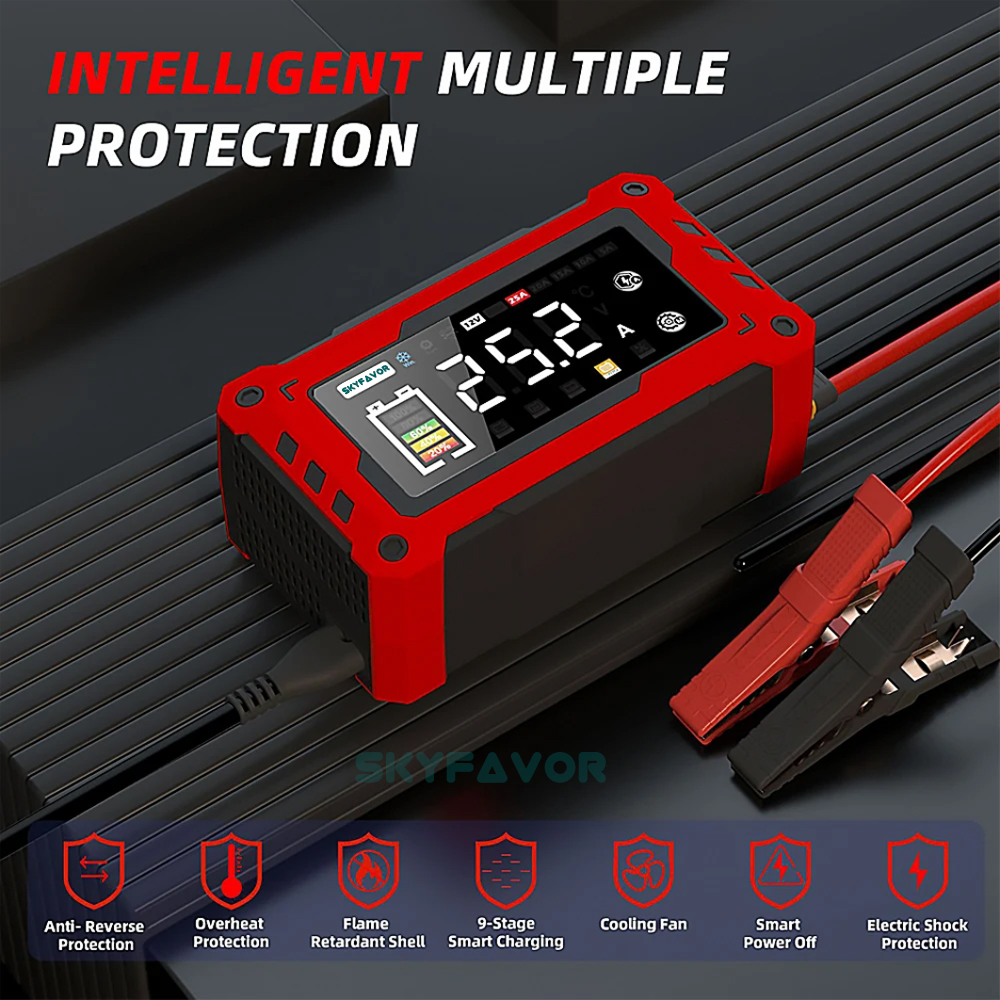 12V 24V Smart Mini Car Battery Charger - 5A/10A/15A/20A/25A Adjustable Current, High Power for Lead Acid LiFePO4 Battery Charger