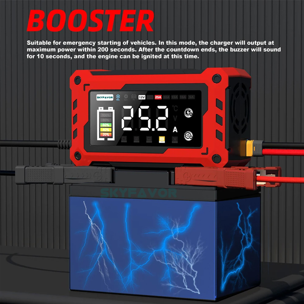 12V 24V Smart Mini Car Battery Charger - 5A/10A/15A/20A/25A Adjustable Current, High Power for Lead Acid LiFePO4 Battery Charger