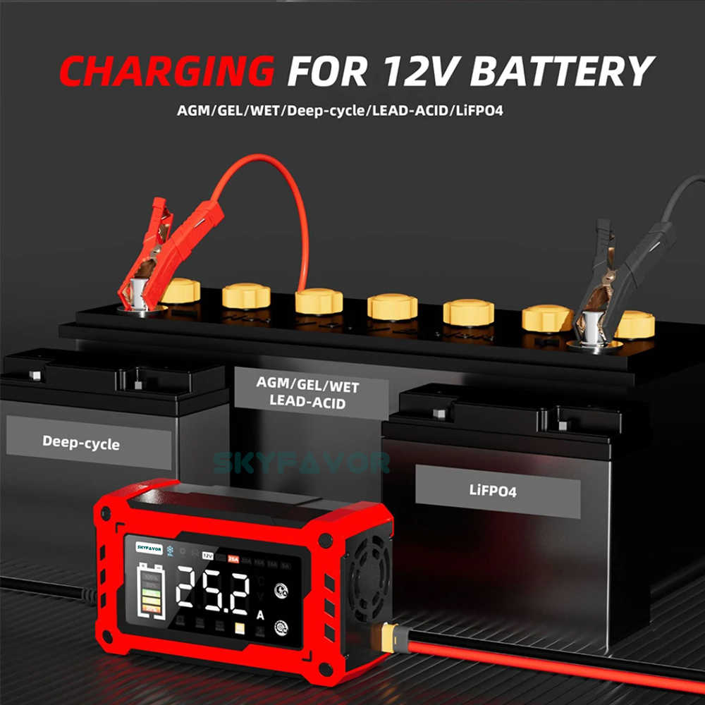 12V 24V Smart Mini Car Battery Charger - 5A/10A/15A/20A/25A Adjustable Current, High Power for Lead Acid LiFePO4 Battery Charger