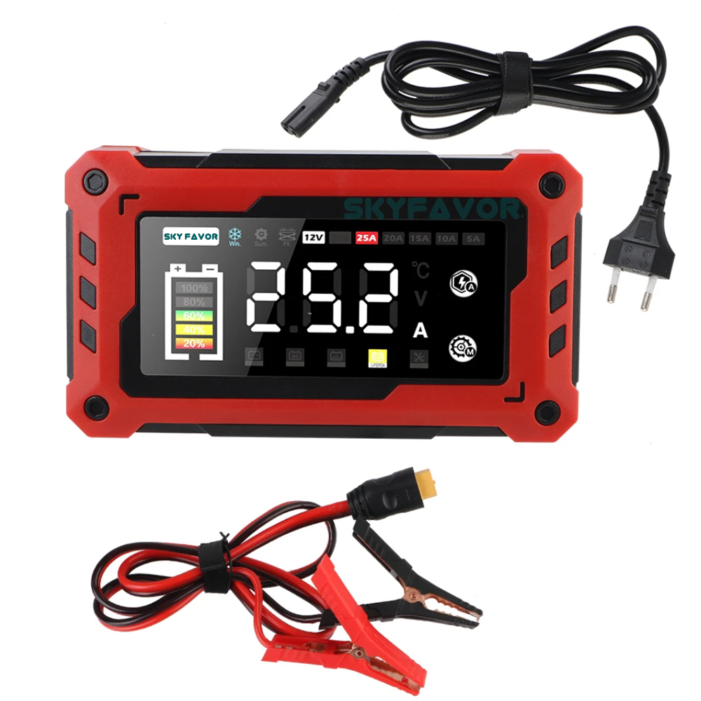 12V 24V Smart Mini Car Battery Charger - 5A/10A/15A/20A/25A Adjustable Current, High Power for Lead Acid LiFePO4 Battery Charger