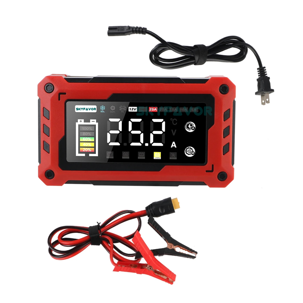12V 24V Smart Mini Car Battery Charger - 5A/10A/15A/20A/25A Adjustable Current, High Power for Lead Acid LiFePO4 Battery Charger