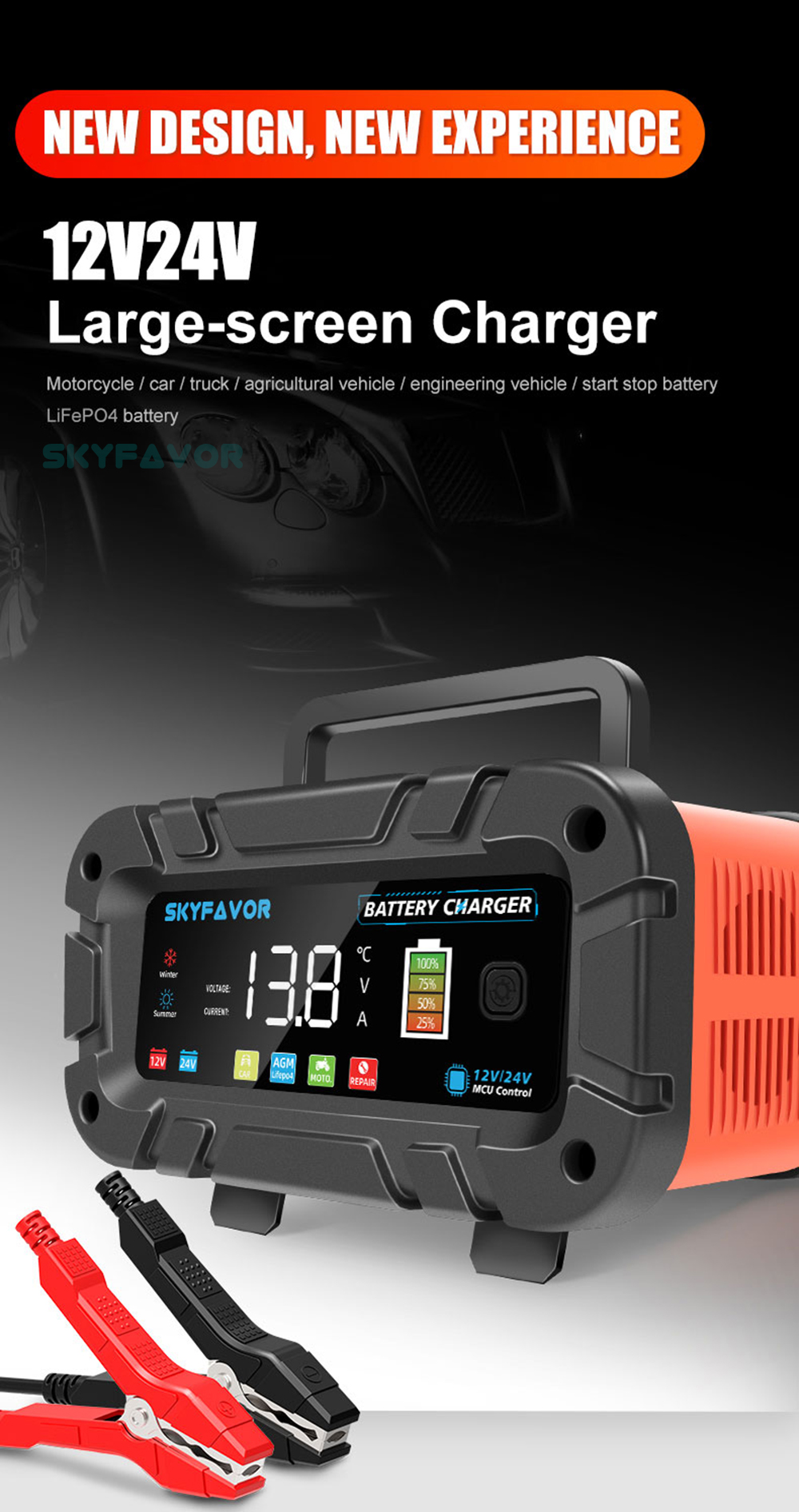 New Professional Automatic Car Battery Charger 12V 20A Battery Charger for Cars Boats Lifepo4 Lead Acid Intelligent for Car Boat