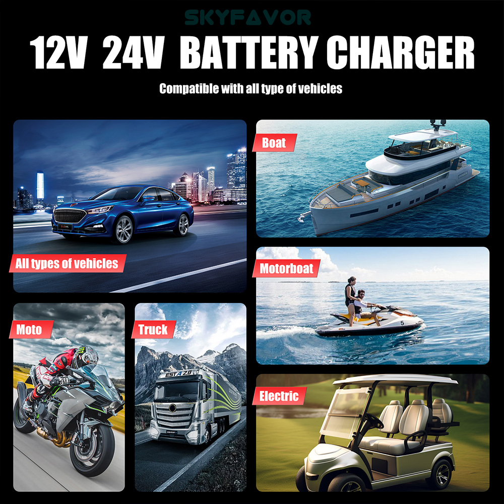 Latest Smart 12V 24V Car Battery Charger Automatic Adjustable Car Charger  Universal Charger for Lead-Acid LiFePO4 Batteries