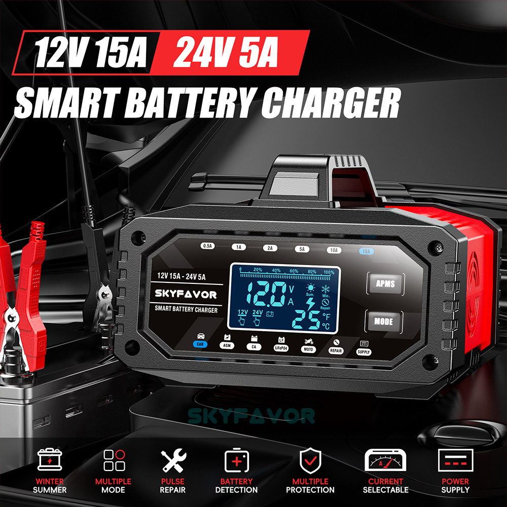 Best Selling Car Battery Charger 12V 24V 15A Auto Fast Adjustable Current Universal 12 Volt Lead Acid Lifepo4 Battery Charger