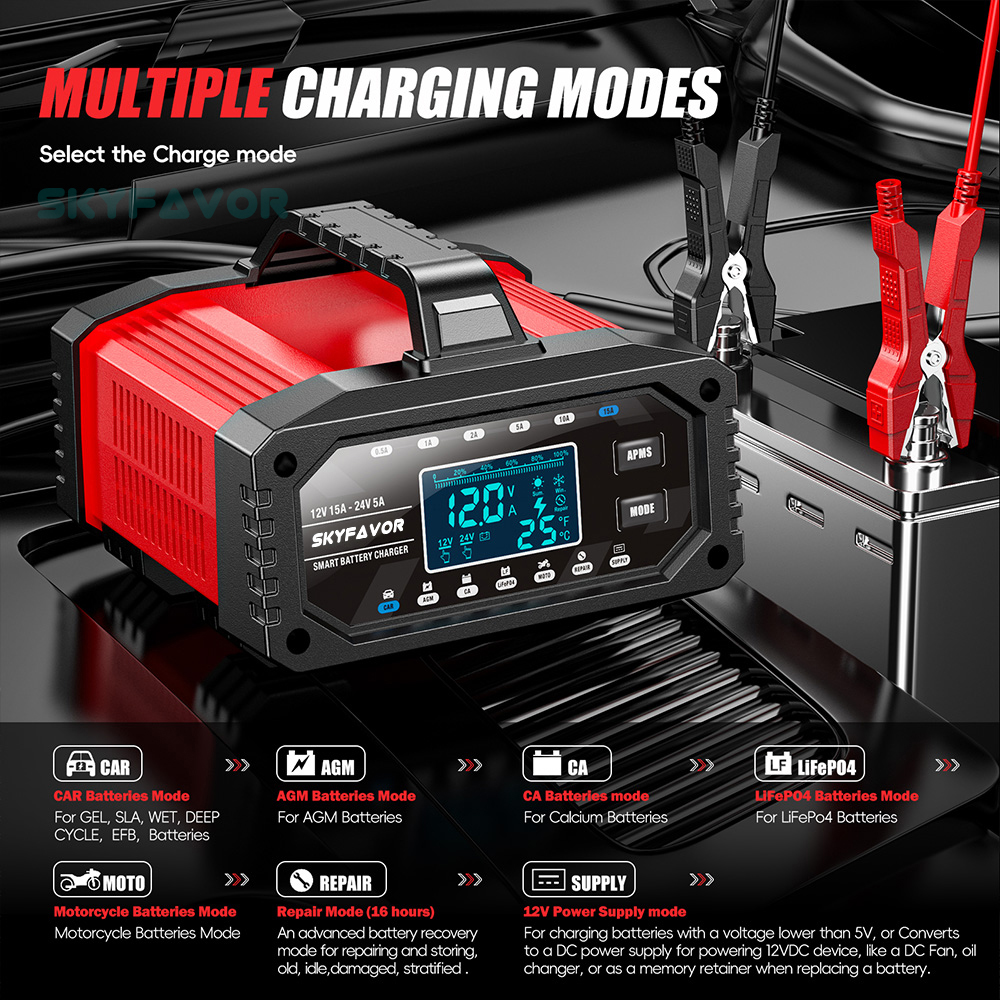Best Selling Car Battery Charger 12V 24V 15A Auto Fast Adjustable Current Universal 12 Volt Lead Acid Lifepo4 Battery Charger