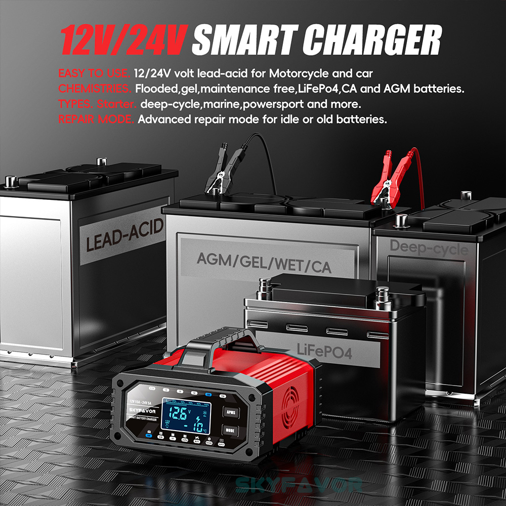 Best Selling Car Battery Charger 12V 24V 15A Auto Fast Adjustable Current Universal 12 Volt Lead Acid Lifepo4 Battery Charger