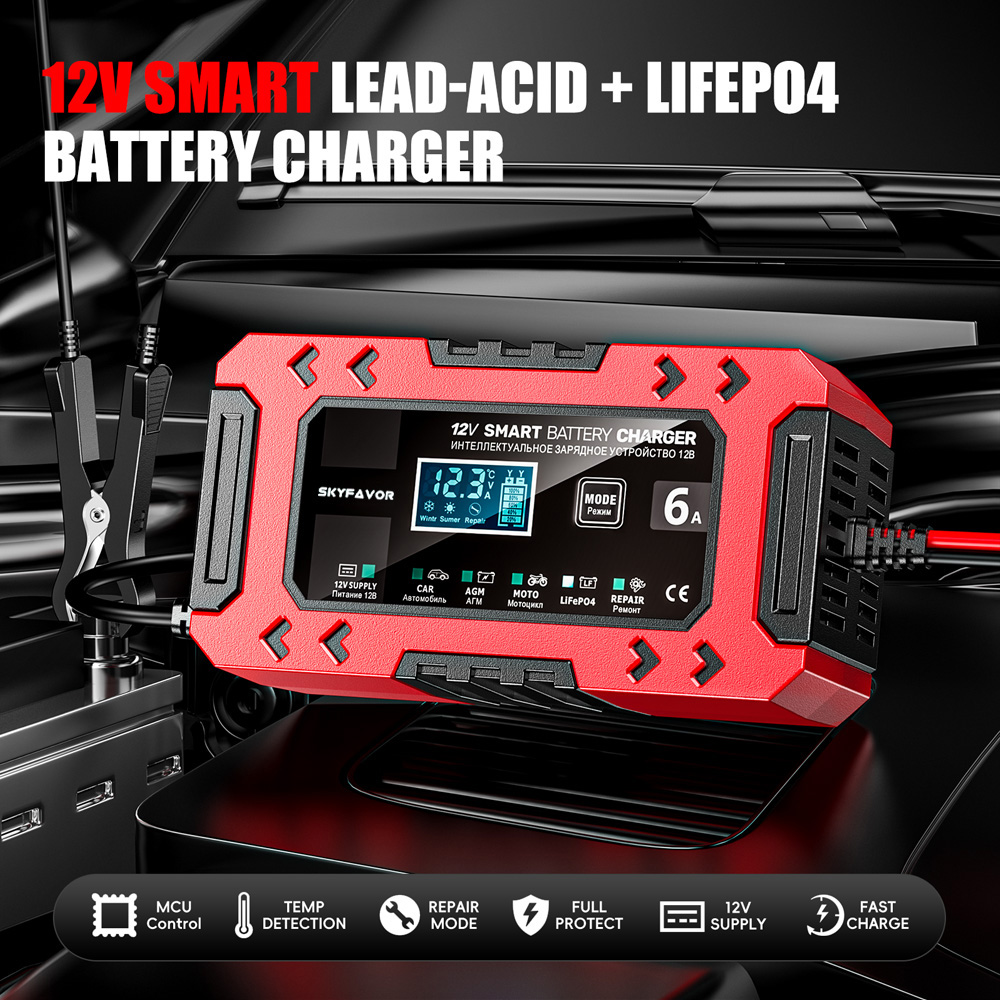 New Arrival 12V 6A Car Battery Charger 12V 6A Smart Multi-function Universal Power Supply and Lifpo4 Lead Acid Battery Charger