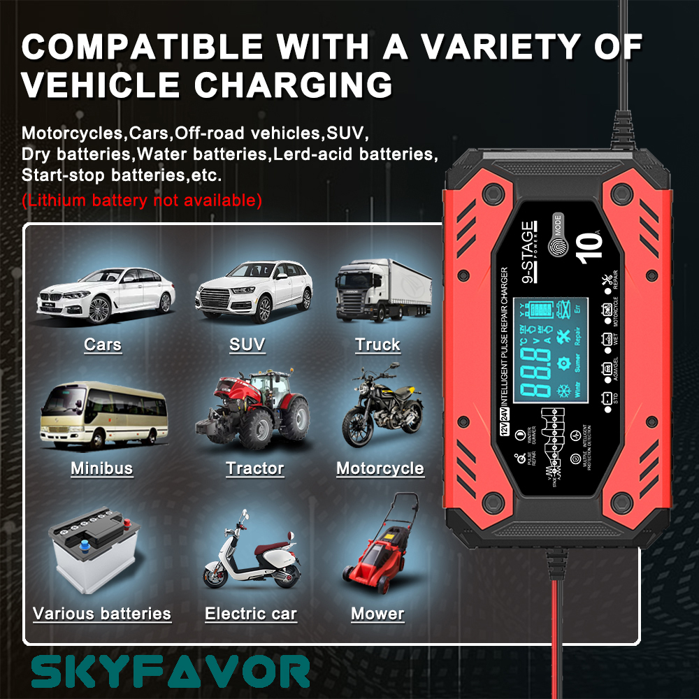 Smart Pulse Repair Car Battery Charger 12V 24V 12V 10A 24V 5A Intelligent Charging for AGM GEL Wet Lead Acid Battery Motorcycle