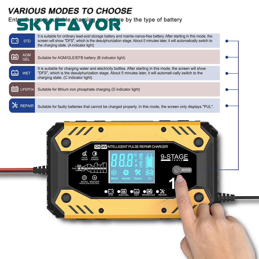 Smart Pulse Repair Car Battery Charger 12V 24V 12V 10A 24V 5A Intelligent Charging for AGM GEL Wet Lead Acid Battery Motorcycle