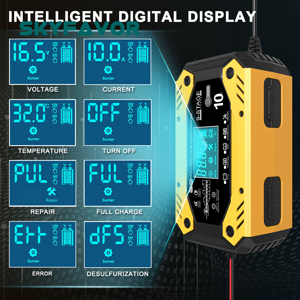 Smart Pulse Repair Car Battery Charger 12V 24V 12V 10A 24V 5A Intelligent Charging for AGM GEL Wet Lead Acid Battery Motorcycle
