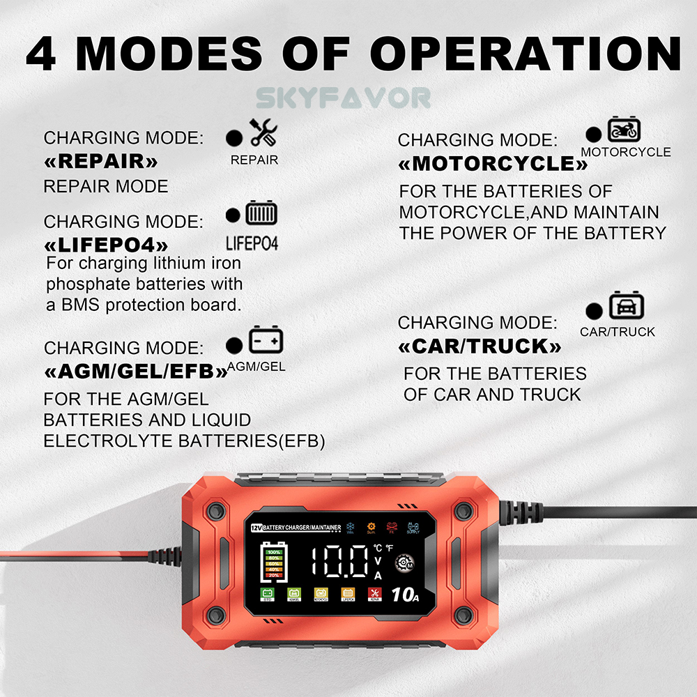 Hot Selling 12V 10A  Multi-Functional Car Battery Charger Automatic Universal for Lead-Acid LiFePO4 Power Supply Battery Charger