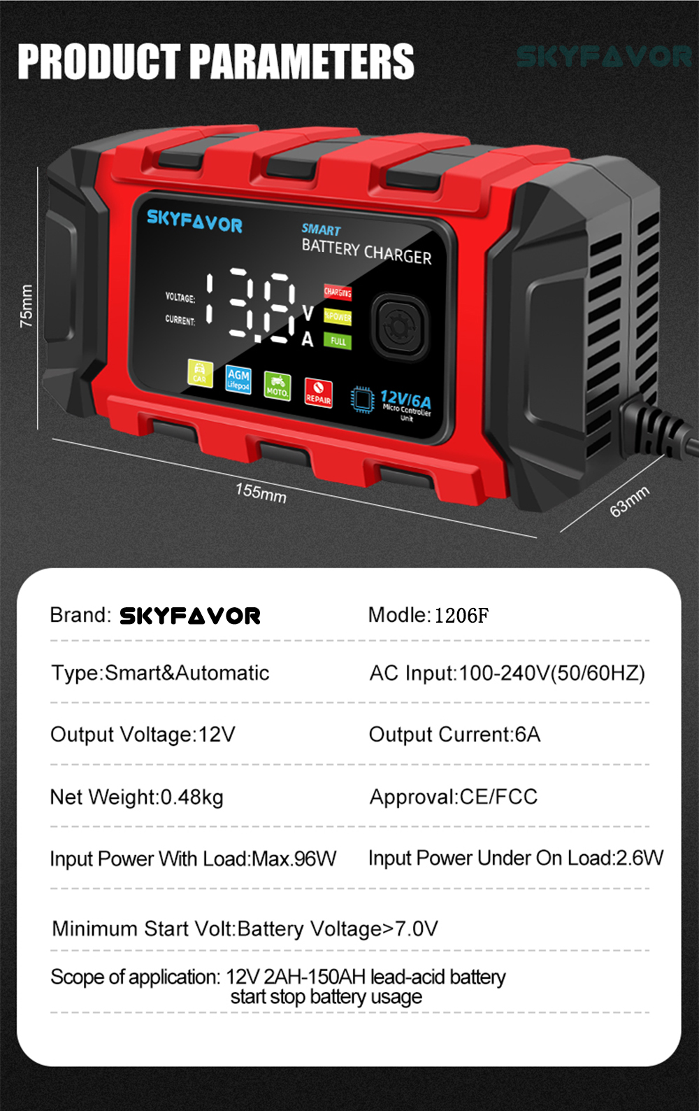 New Product12V 6A Automatic Car Battery Charger Automatic Maintenance Free Deep Cycle for Lead Acid 12V Motorcycle & Car Charger