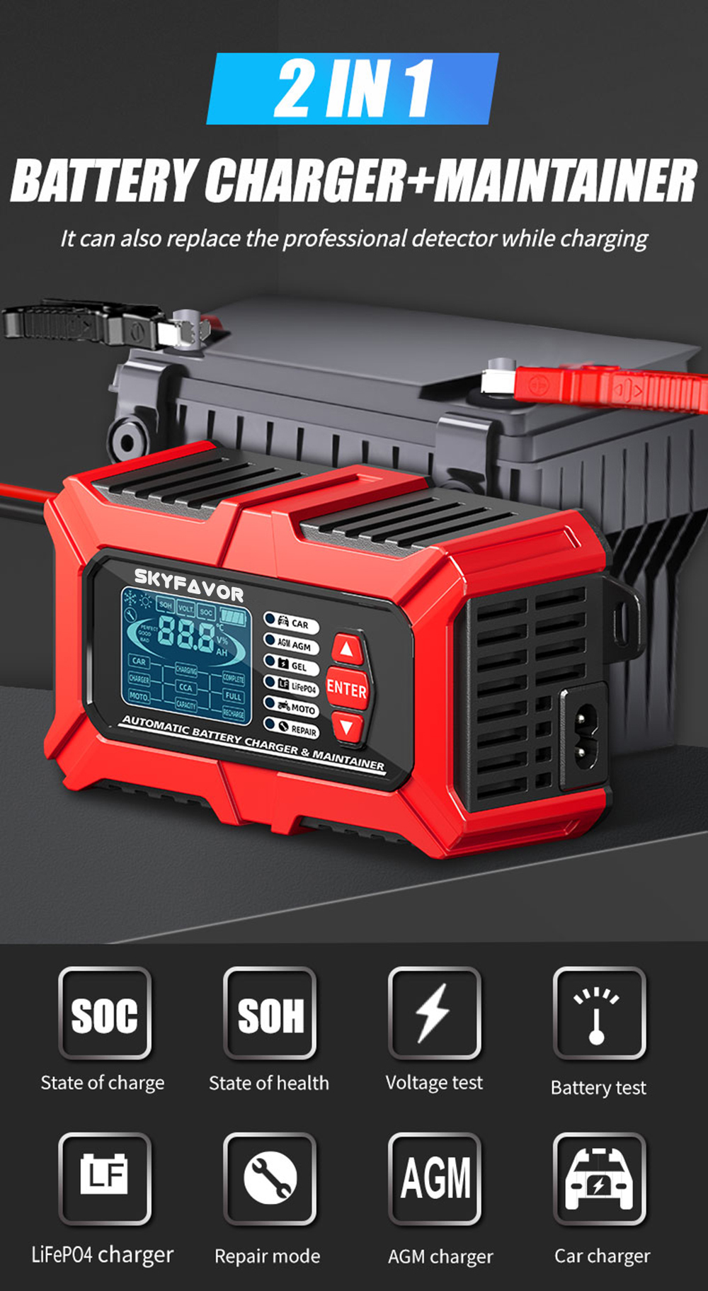 12V 6A Multi-Function Battery Charger & Analyzer CCA/Internal Resistance Tester Compatible with LiFePO4 Lead Acid Car Motorcycle