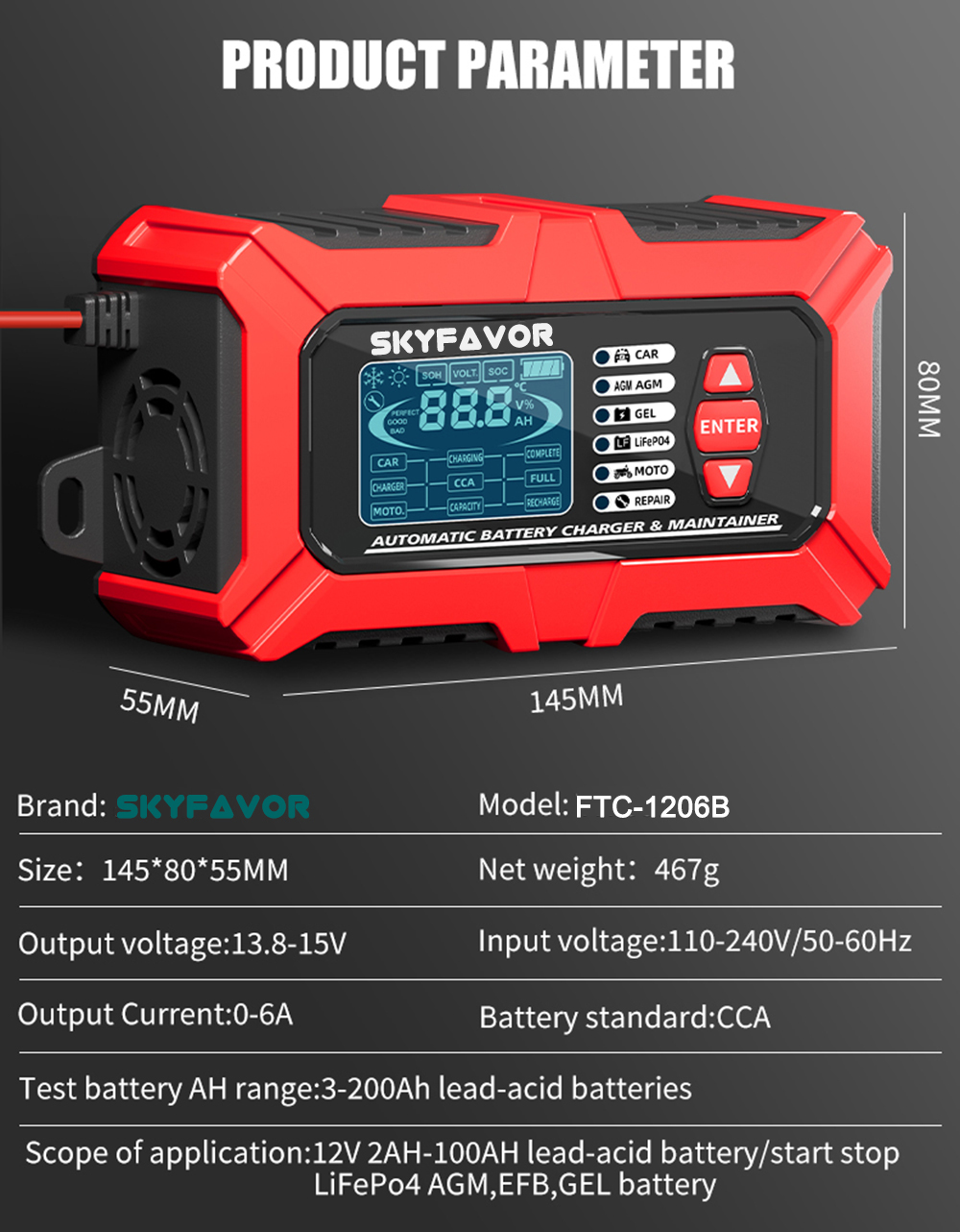12V 6A Multi-Function Battery Charger & Analyzer CCA/Internal Resistance Tester Compatible with LiFePO4 Lead Acid Car Motorcycle