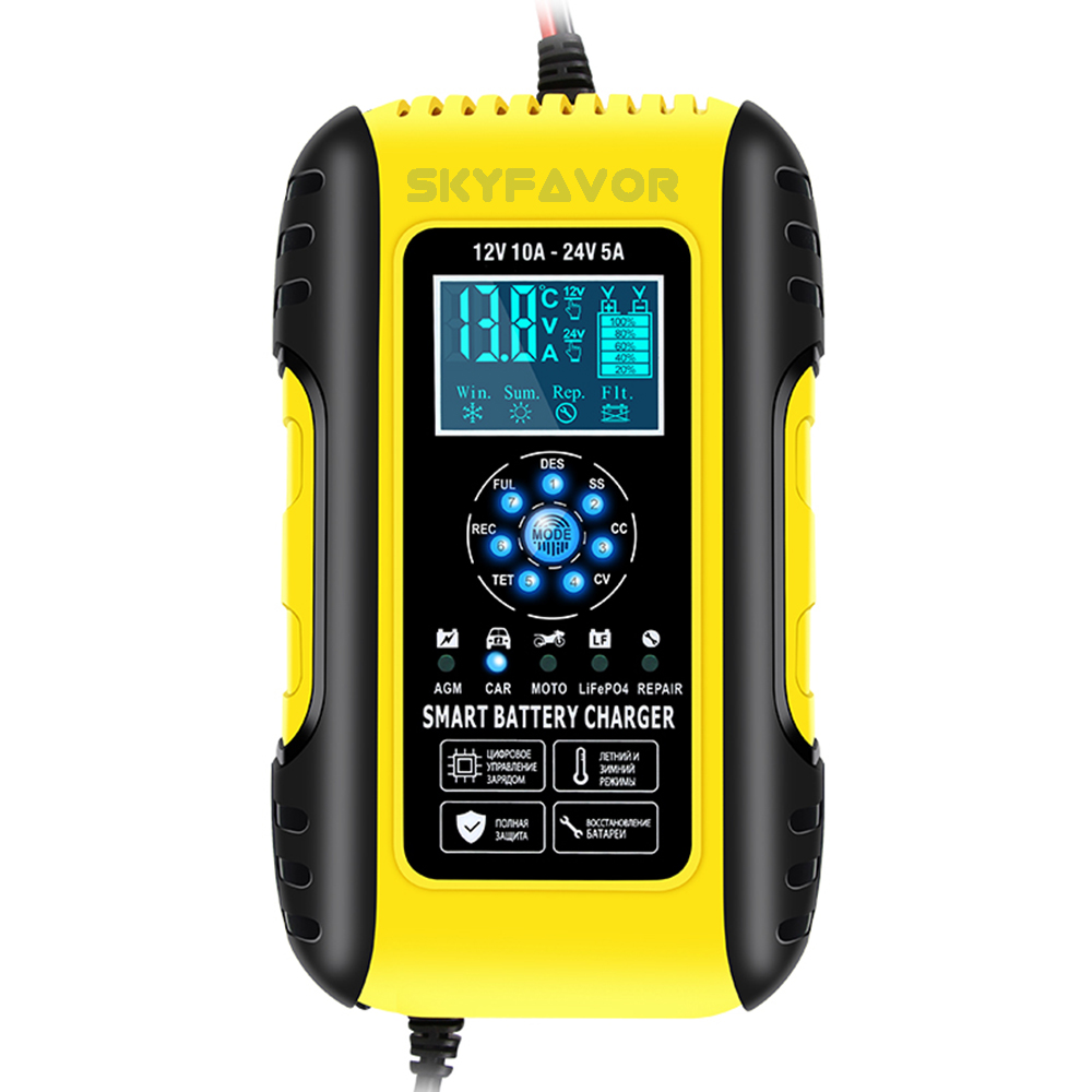 12V 10A/24V 5A Universal Car Battery Charger Intelligent Automatic - Pulse Repair for Lead Acid LiFePO4 - Car Truck Compatible