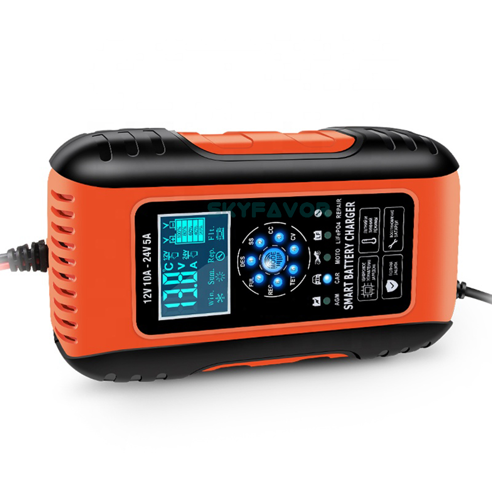 12V 10A/24V 5A Universal Car Battery Charger Intelligent Automatic - Pulse Repair for Lead Acid LiFePO4 - Car Truck Compatible