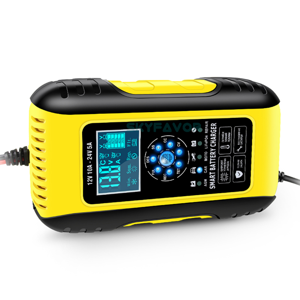 12V 10A/24V 5A Universal Car Battery Charger Intelligent Automatic - Pulse Repair for Lead Acid LiFePO4 - Car Truck Compatible