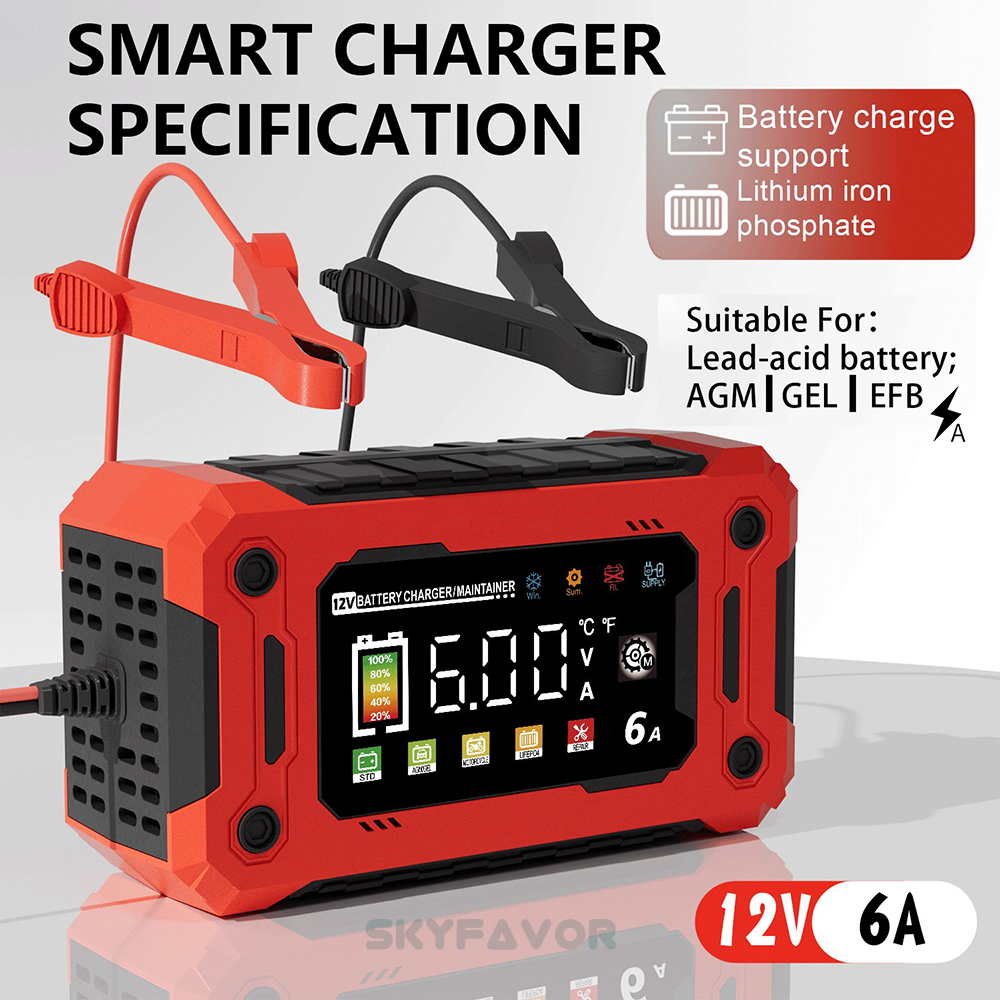 Smart 12V 6A Car Battery Charger Universal for Motorcycle Car Industrial Electric Tool Lifepo4 Gel AGM Lead Acid Battery Charger