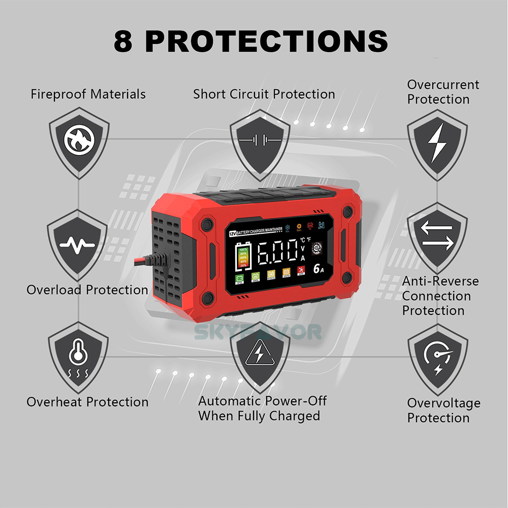 Smart 12V 6A Car Battery Charger Universal for Motorcycle Car Industrial Electric Tool Lifepo4 Gel AGM Lead Acid Battery Charger