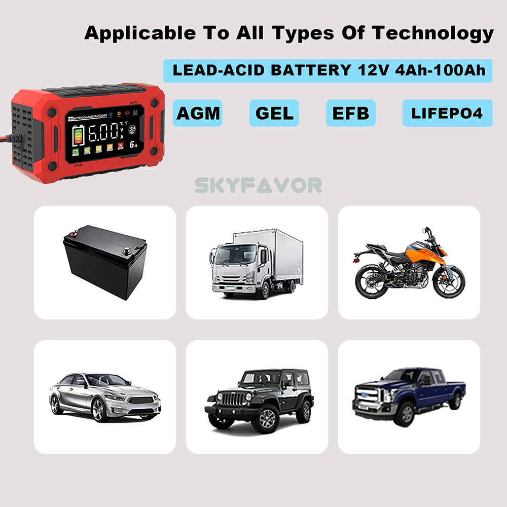 Smart 12V 6A Car Battery Charger Universal for Motorcycle Car Industrial Electric Tool Lifepo4 Gel AGM Lead Acid Battery Charger