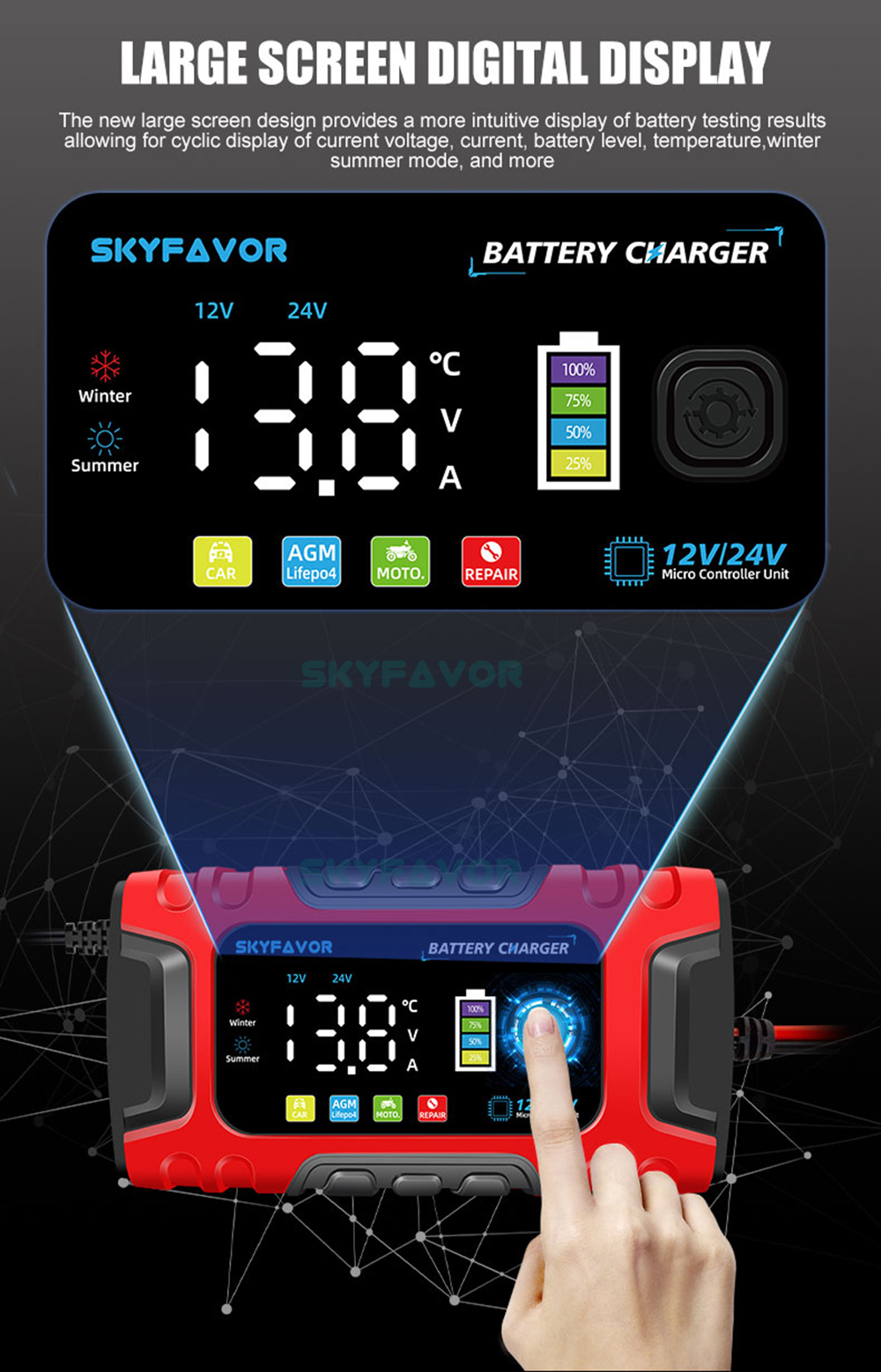 Automatic 12V 24V Battery Charger 12V 24V 10A Smart Fast Lifepo4 AGM GEL Trickle Universal Truck Motorcycle Car Battery Charger