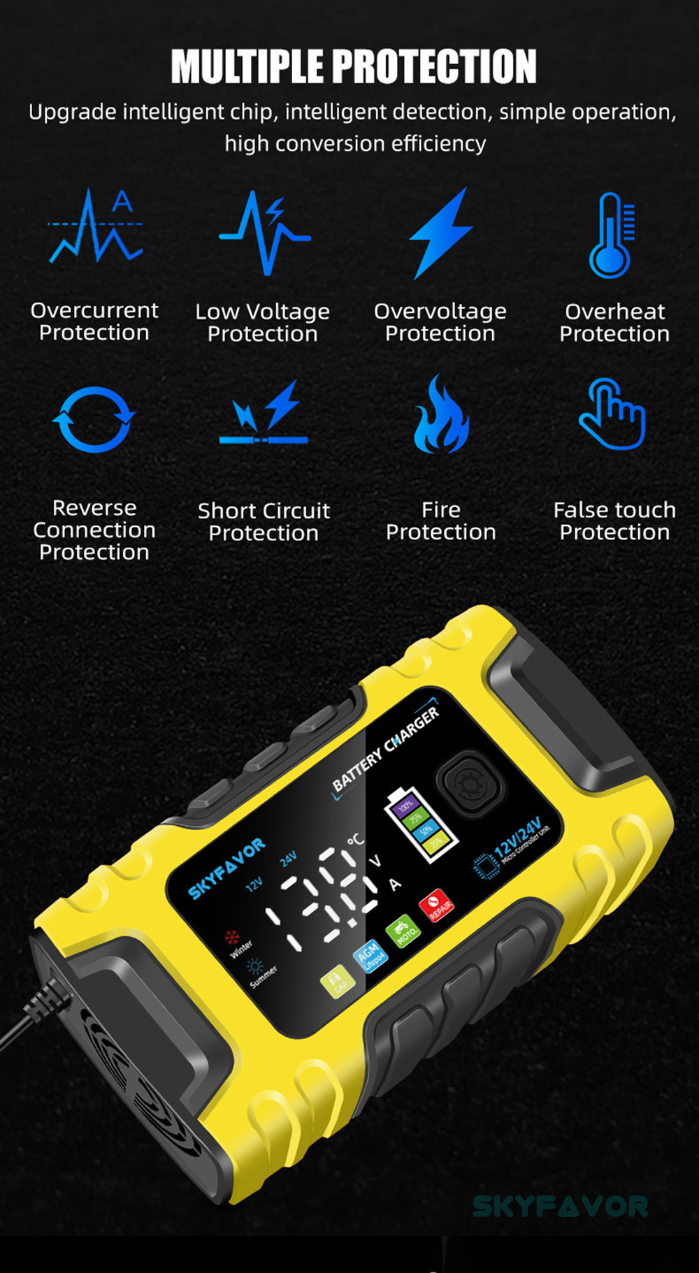 Automatic 12V 24V Battery Charger 12V 24V 10A Smart Fast Lifepo4 AGM GEL Trickle Universal Truck Motorcycle Car Battery Charger