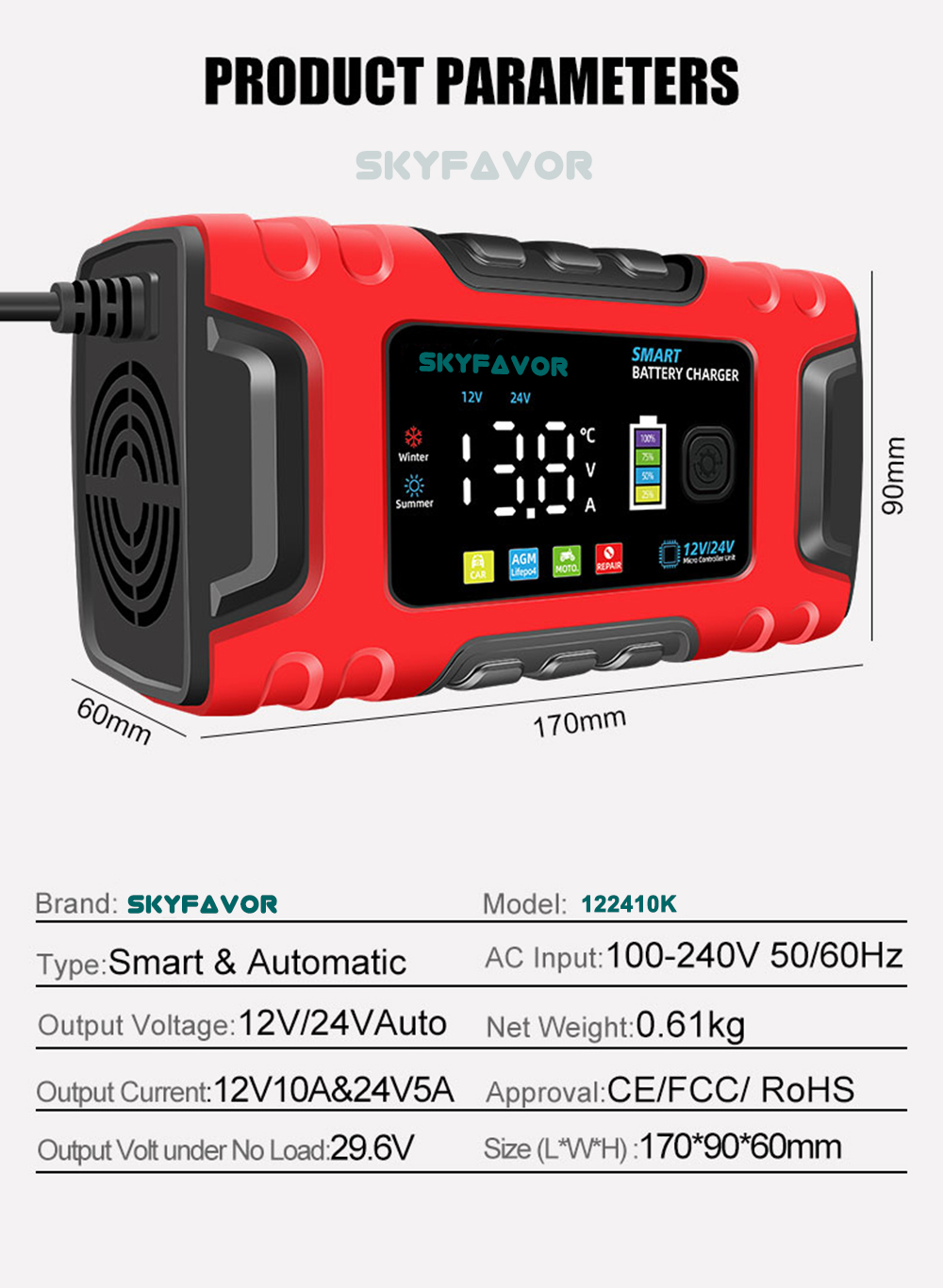 Automatic 12V 24V Battery Charger 12V 24V 10A Smart Fast Lifepo4 AGM GEL Trickle Universal Truck Motorcycle Car Battery Charger