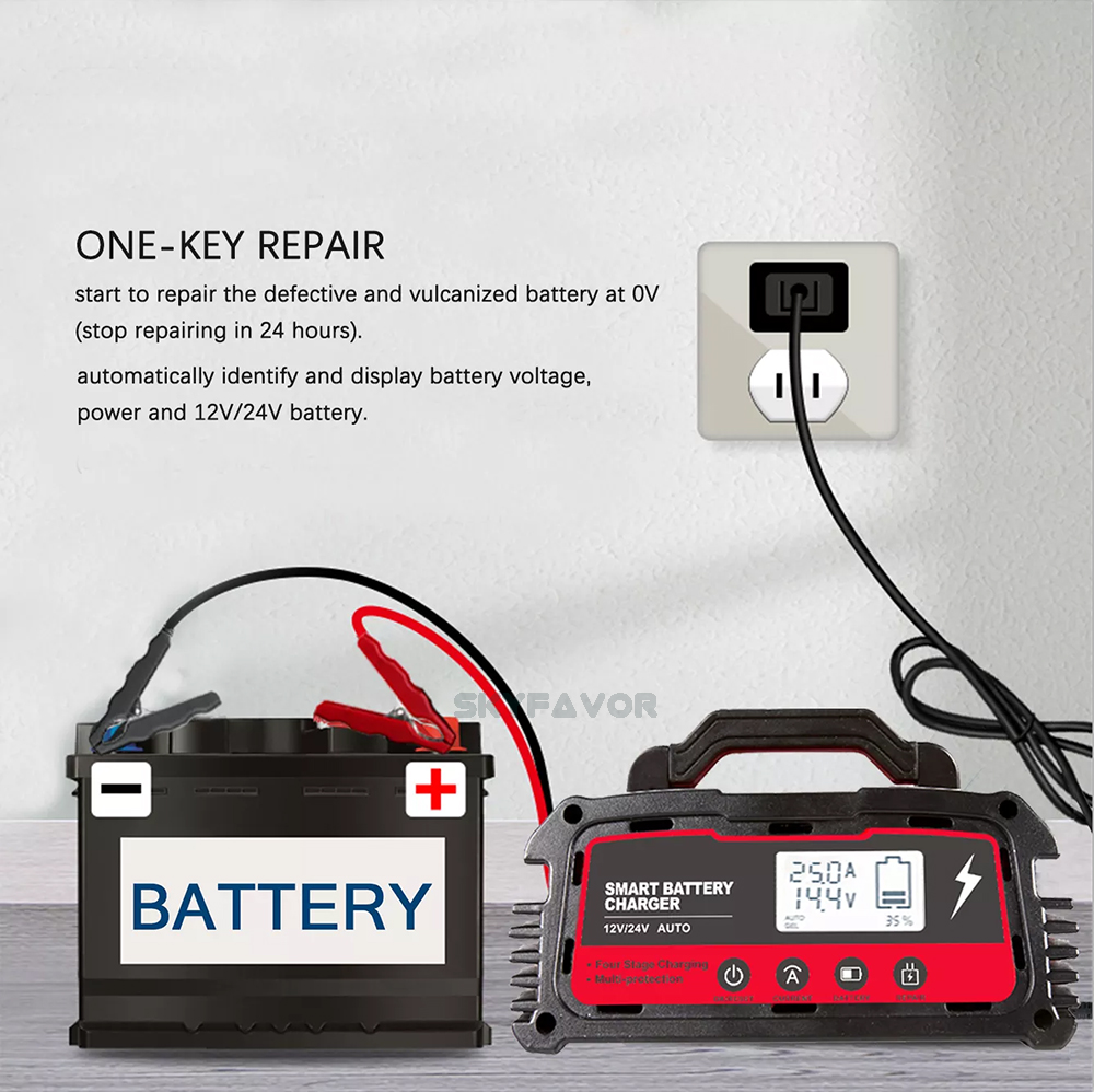 Professional Smart Car Battery Charger 12V 24V 20A 10A Portable Automatic Pulse Repair Battery Charger for Lead Acid Batteries