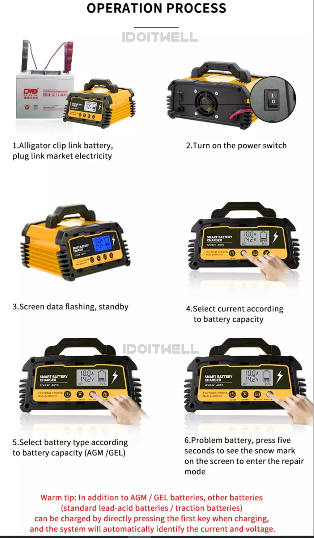 Professional Smart Car Battery Charger 12V 24V 20A 10A Portable Automatic Pulse Repair Battery Charger for Lead Acid Batteries