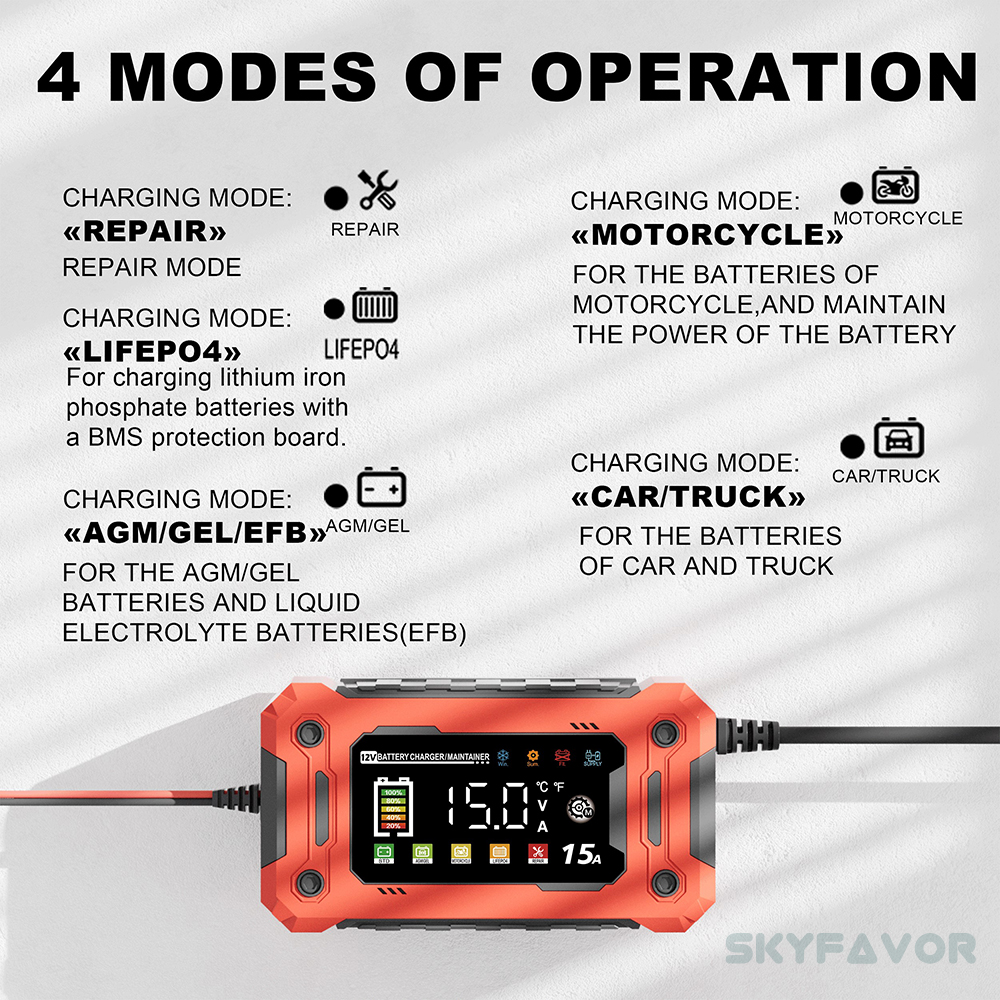 Automatic Motorcycle Truck Car Battery Charger 12V 15A Fast Smart Universal Lifepo4 Lead Acid Battery Charger with Pulse Repair