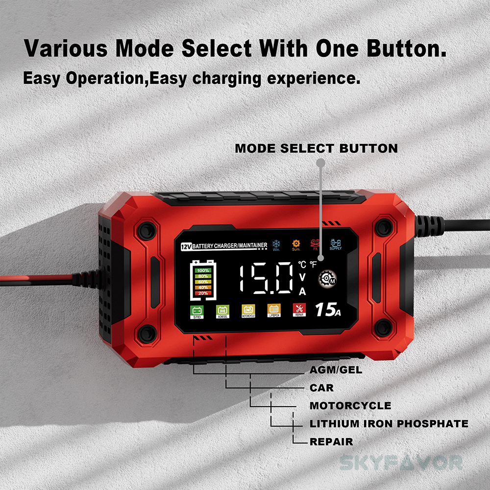 Automatic Motorcycle Truck Car Battery Charger 12V 15A Fast Smart Universal Lifepo4 Lead Acid Battery Charger with Pulse Repair