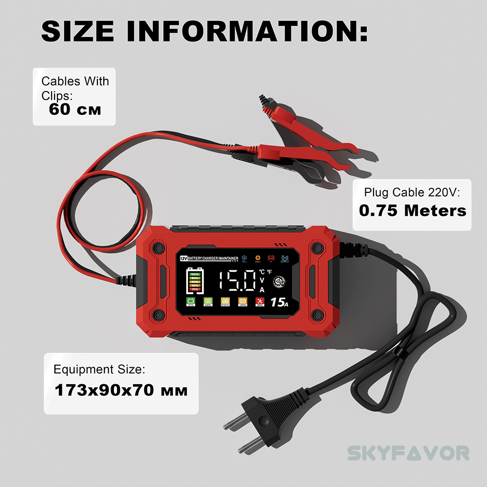 Automatic Motorcycle Truck Car Battery Charger 12V 15A Fast Smart Universal Lifepo4 Lead Acid Battery Charger with Pulse Repair