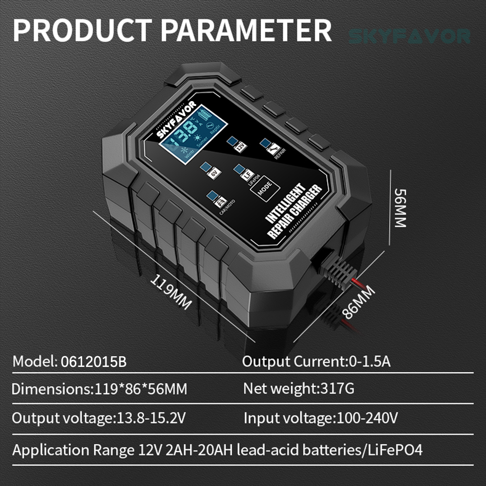New Arrive Car Motorcycle Battery Charger 6V 12V 1.5A Automatic Universal Lead Acid Gel Agm Lifepo4 Battery Charger with SAE
