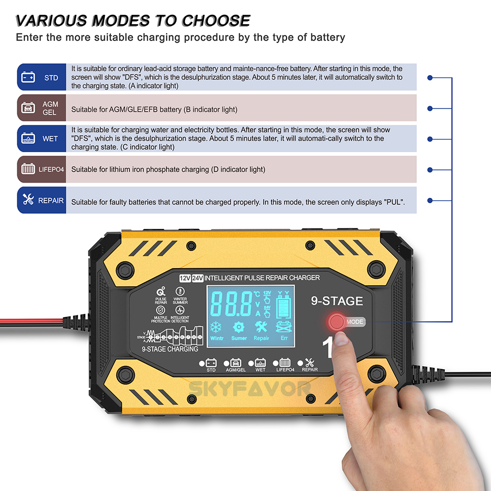 Lead Acid Lifepo4 12volt 50ah Battery Charger 12V 24V 10A Multi-function Universal LFP AGM GEL ARM Pulse Repair Battery Charger
