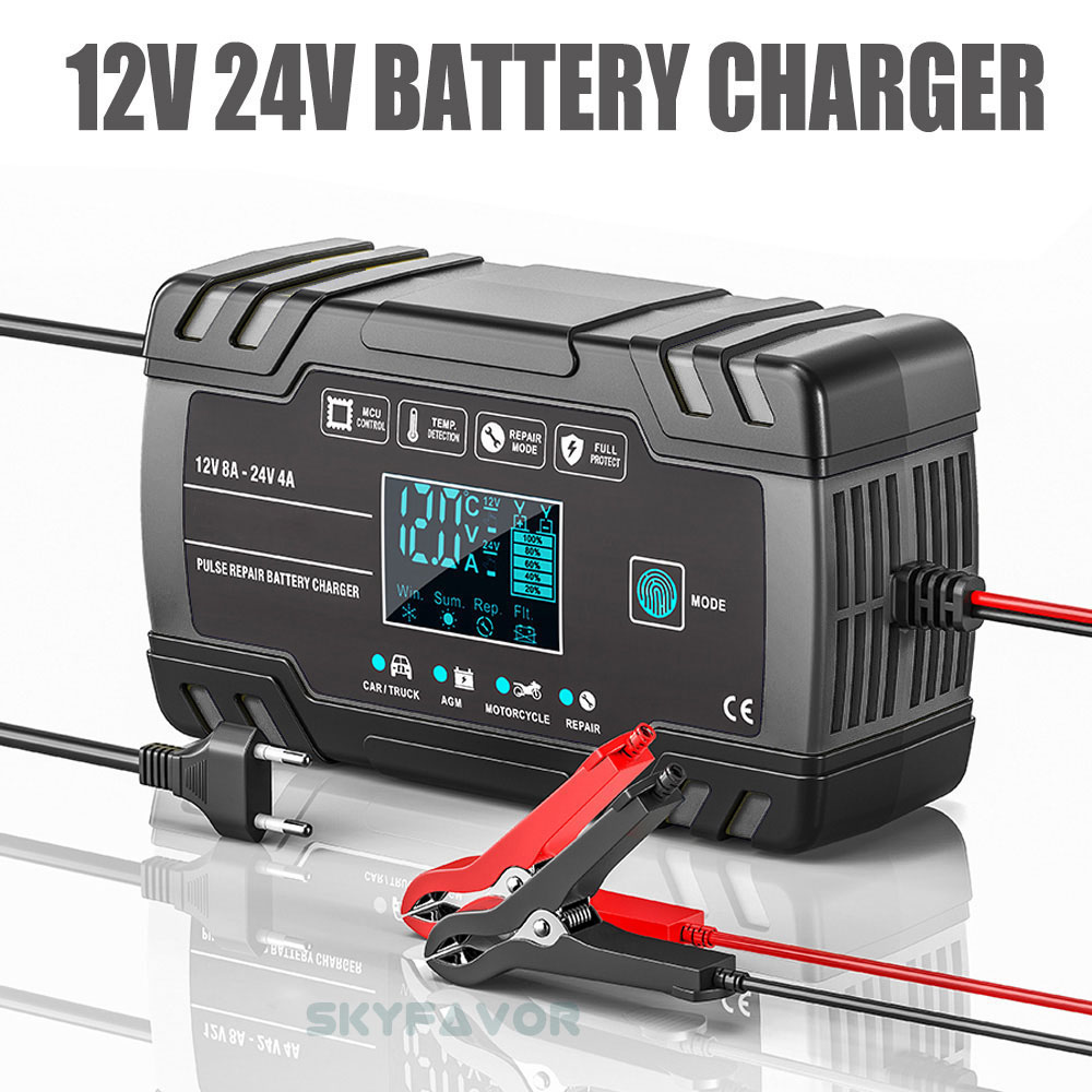 Universal Truck Car Battery Charger 12V 24V 8A Automatic Maintenance-free Gel Agm Dry Wet Deepcycle Pulse Repair Battery Charger