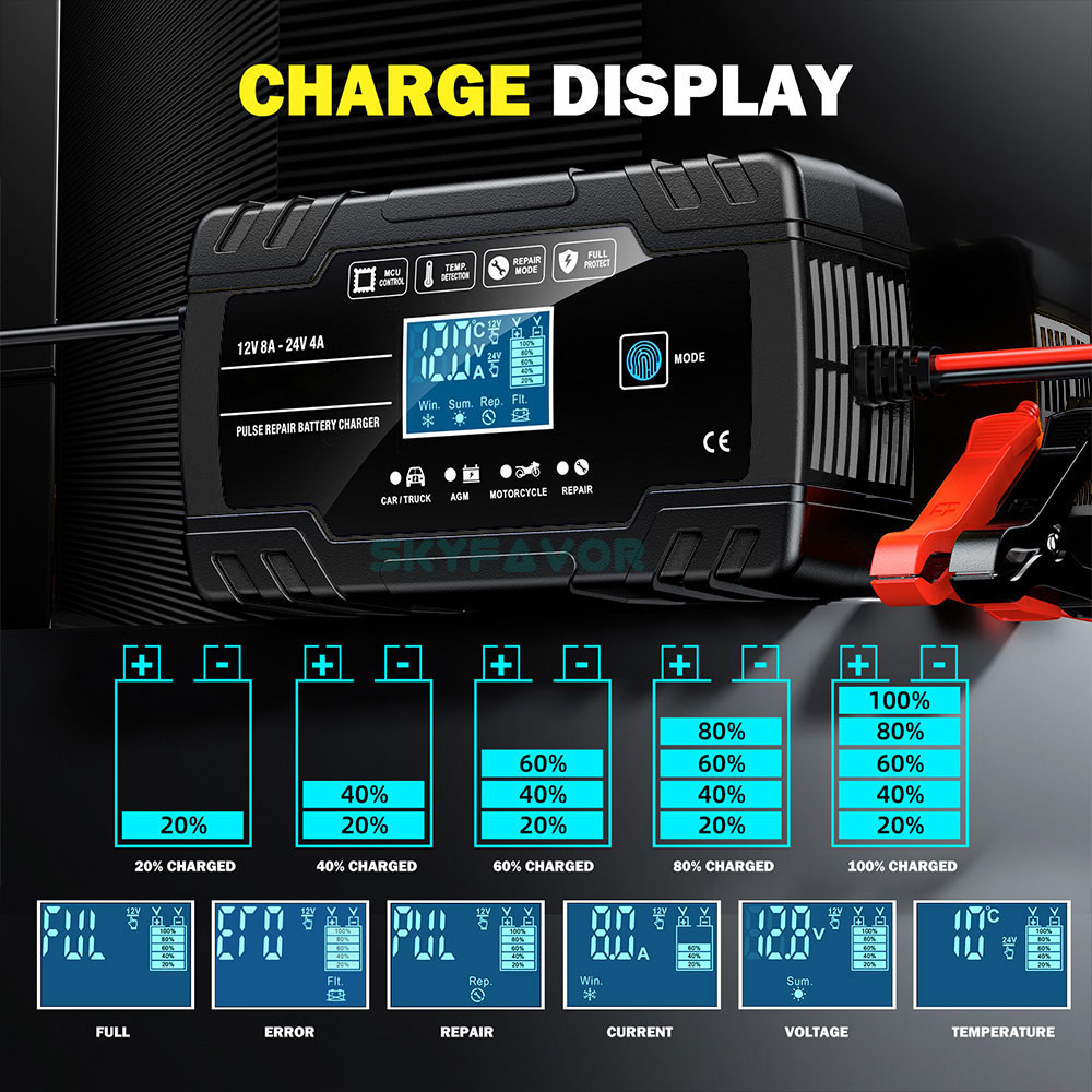 Universal Truck Car Battery Charger 12V 24V 8A Automatic Maintenance-free Gel Agm Dry Wet Deepcycle Pulse Repair Battery Charger