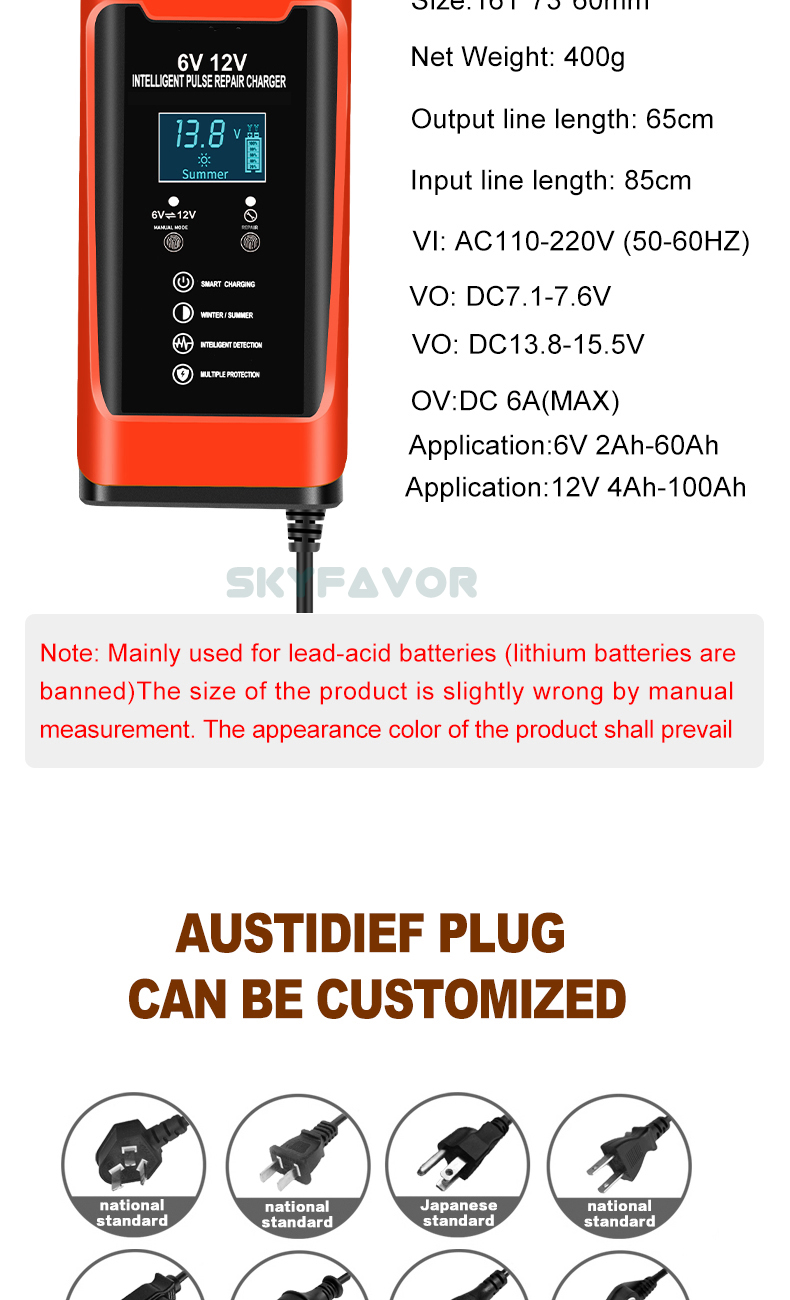 Fast Automatic 6V 12V Battery Charger 12V 6V 6A Universal Motorcycle Car Battery Charger for 12 Volt 6 Volt Lead Acid Battery