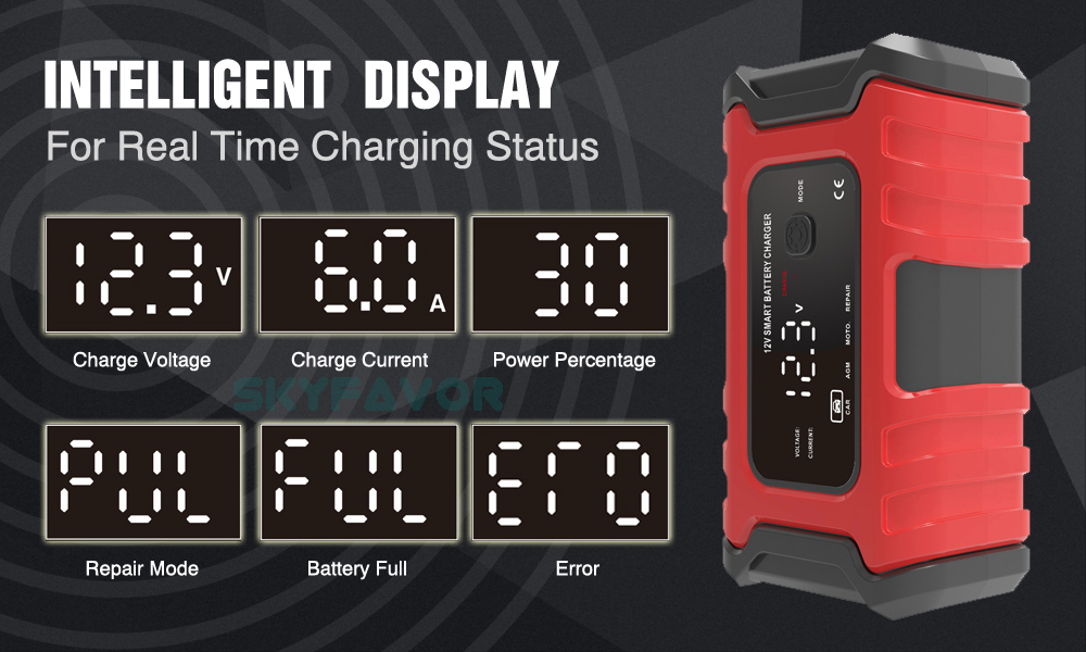 New Products Smart Battery Charger Car 12v Auto 12 VOLT 6A Pulse Repair Lead Acid Maintenance-free Car Battery Charger for 60AH