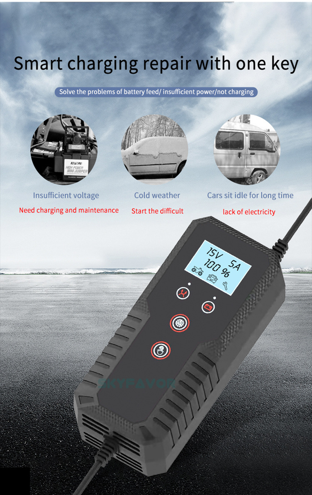 LCD Display Car Motorcycle Battery Charger 6V 12V 15A FAST Universal Pulse Repair Battery Charger for 6V 12V Lead Acid Batteries