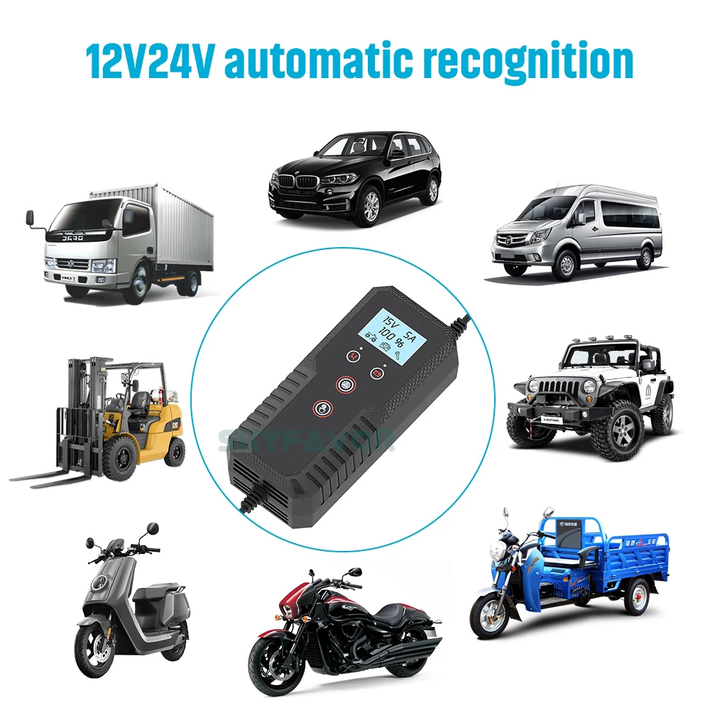 LCD Display Car Motorcycle Battery Charger 6V 12V 15A FAST Universal Pulse Repair Battery Charger for 6V 12V Lead Acid Batteries